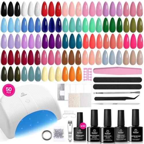 Beetles Gel Nail Polish Kit with U V Light, 32 Colors Gel Polish Nail Kit 50 Pcs Gel Polish Set with Base and Matte&Glossy Top Coat Soak Off Gel Nail Kit Manicure Spring Gifts for Women